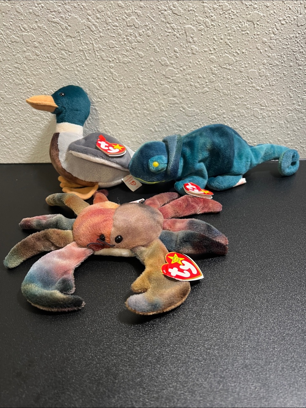 Ty Beanie Babies Plush Lot - Mallard, Chameleon, Crab - Multicolor
